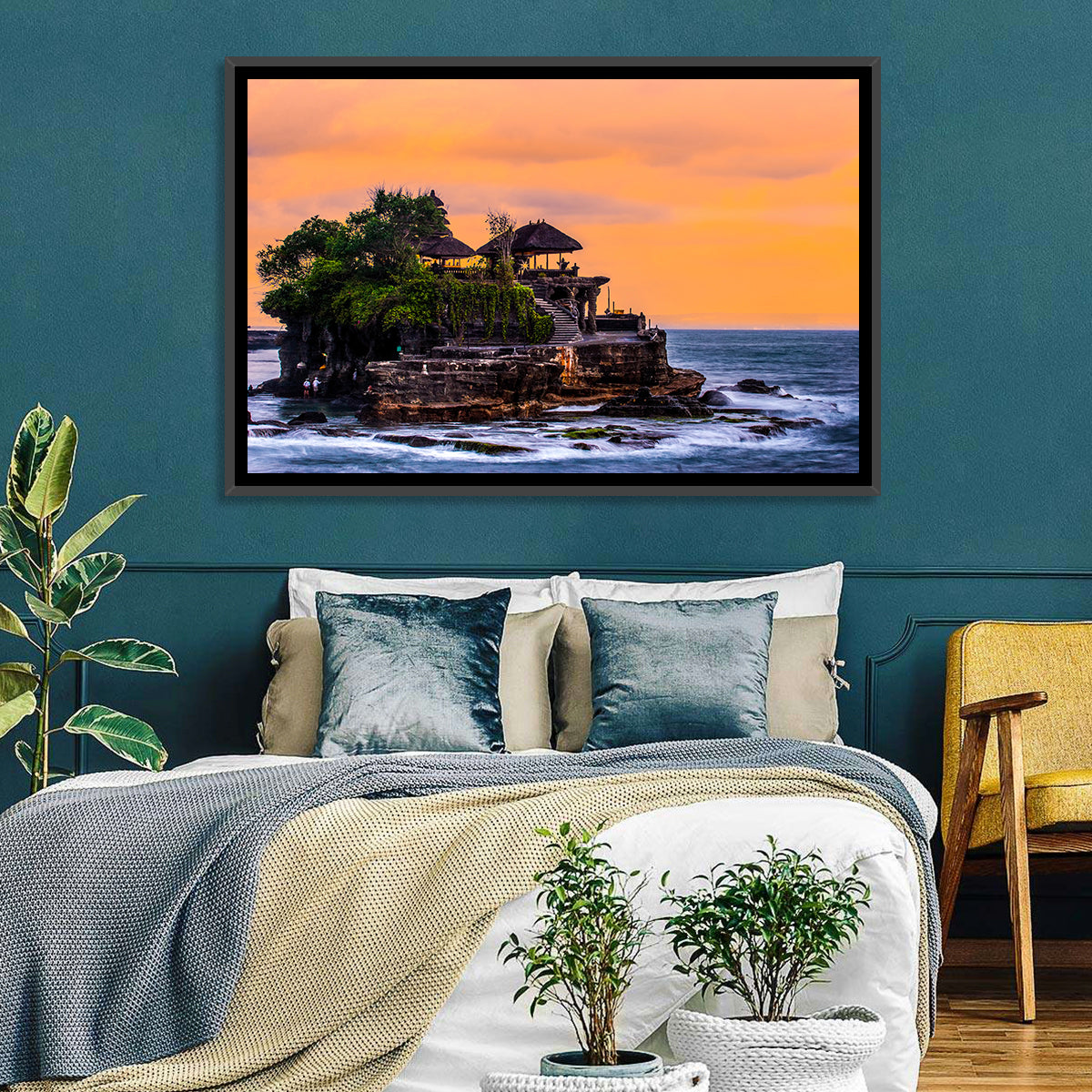 Tanah Lot Temple at Sunset Wall Art in a room, landscape