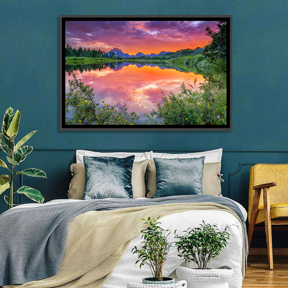 Oxbow Bend Sunset Wall Art in a room, landscape