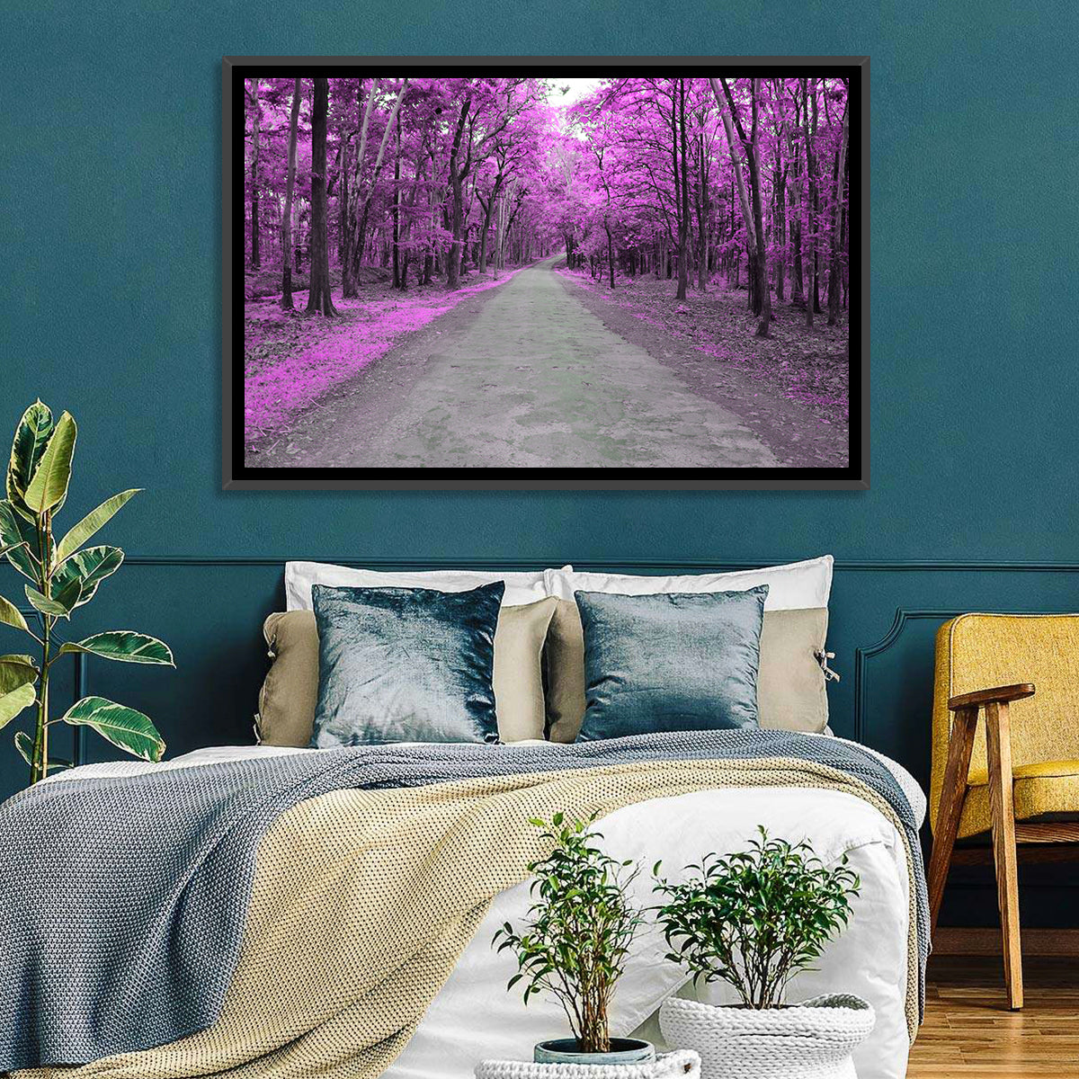 Magenta Autumn Forest Road Wall Art in a room, landscape
