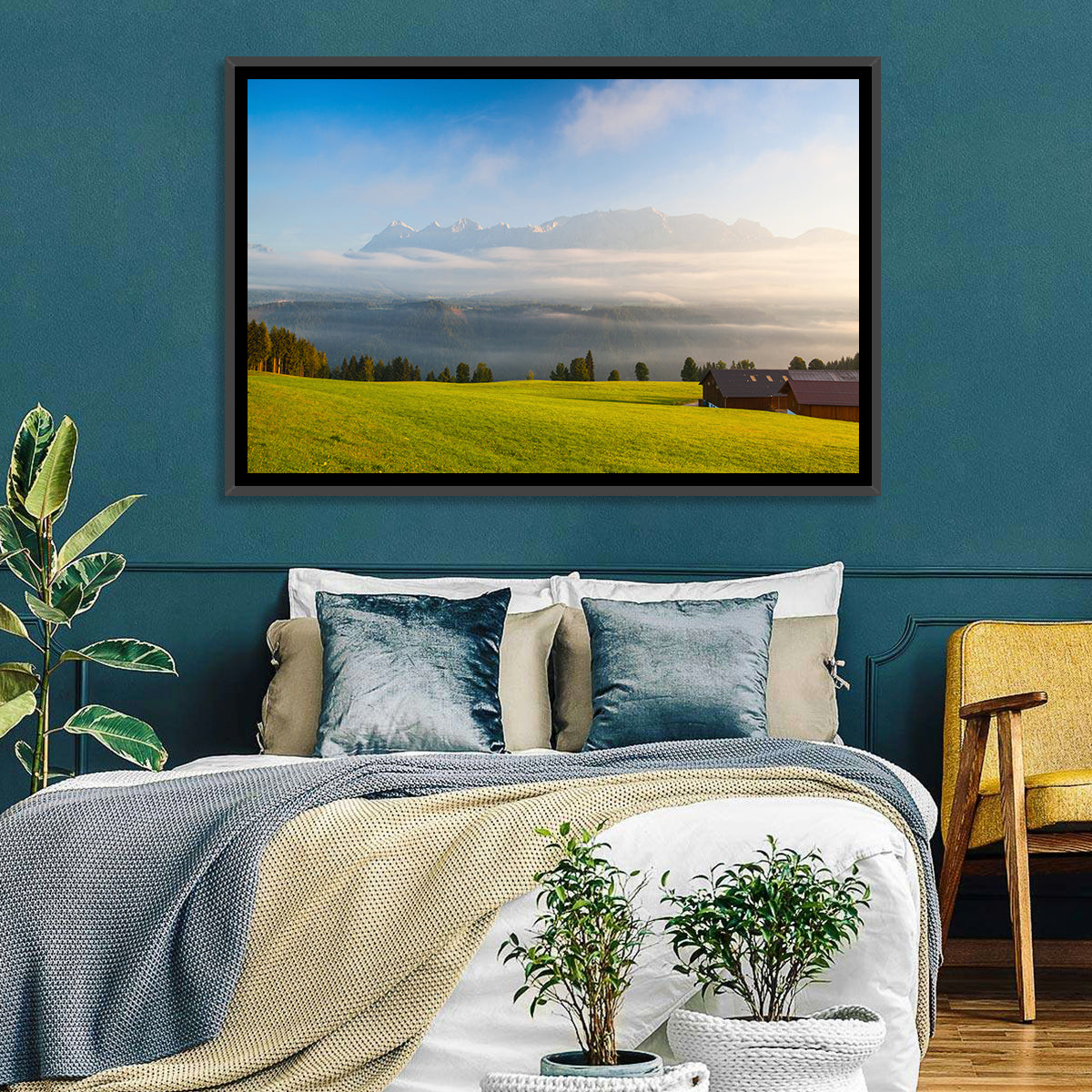 Sunlit Mountain Clouds Wall Art in a room, landscape
