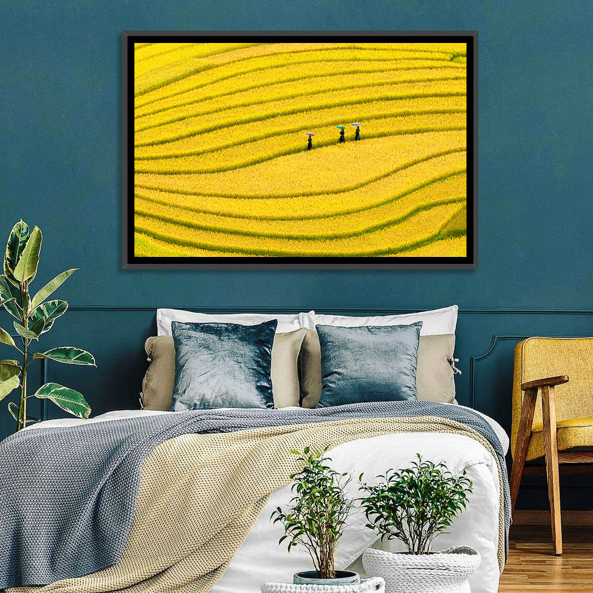 Golden Rice Terraces with Umbrellas Wall Art in a room, landscape