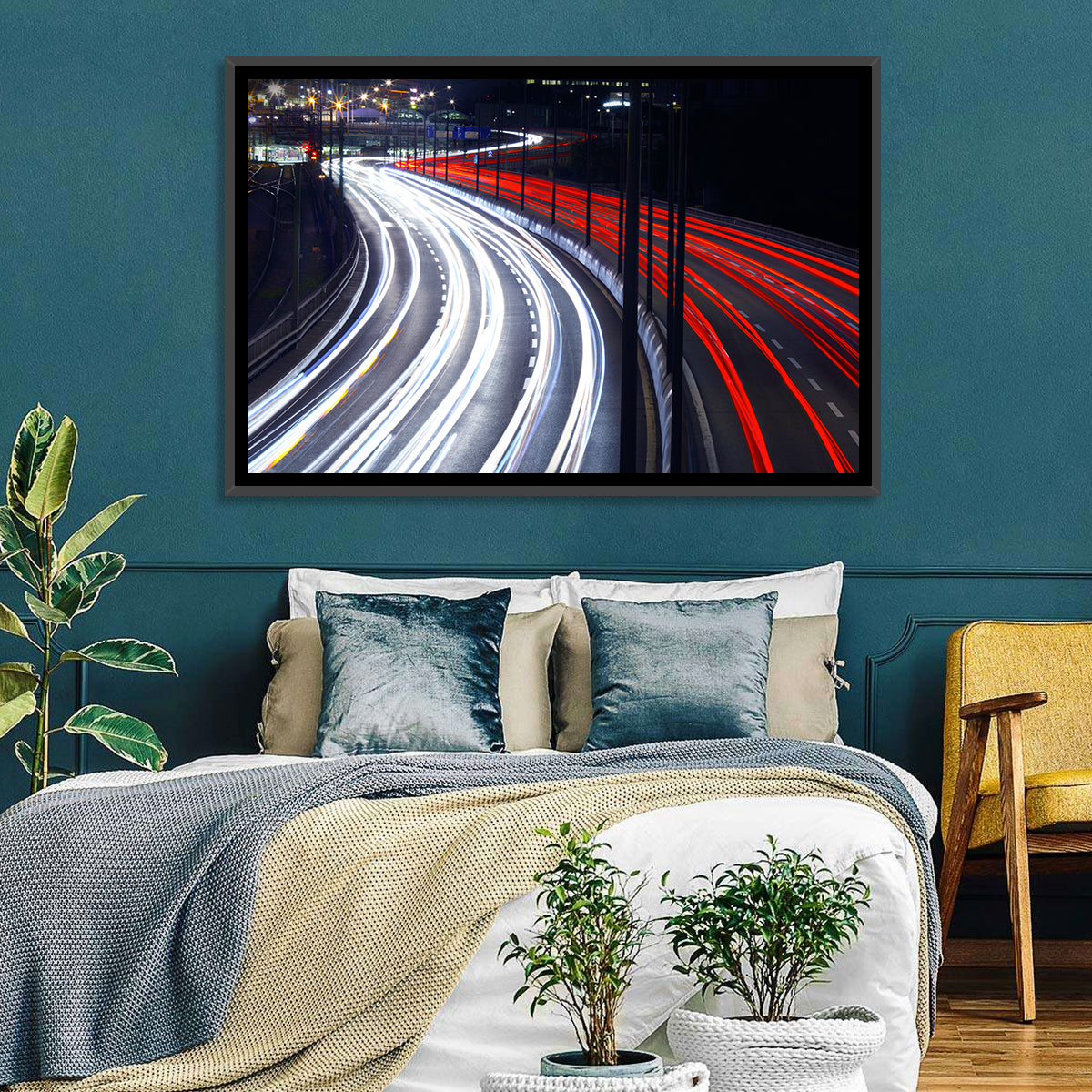 Night Highway Light Trails Wall Art in a room, landscape