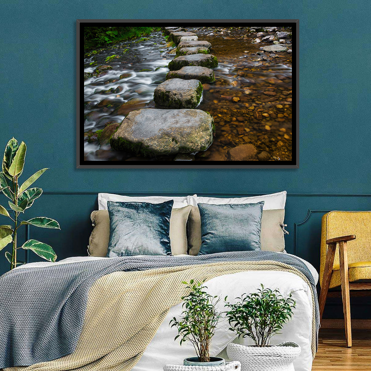 Mossy Stepping Stones Over Stream Wall Art in a room, landscape