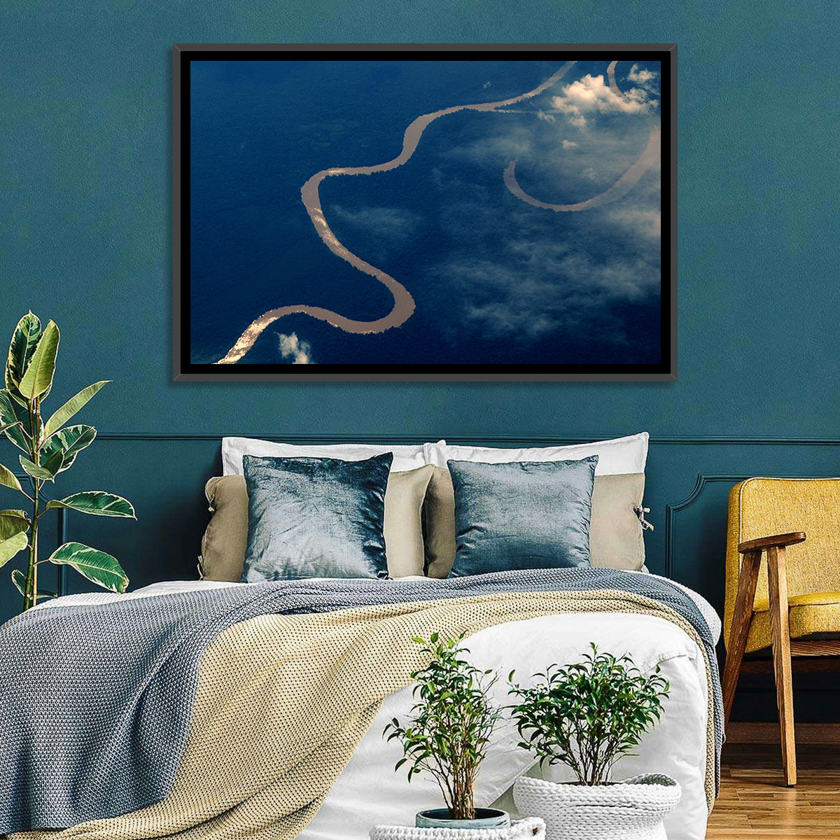 Sunlit Meander of the Amazon River Wall Art in a room, landscape