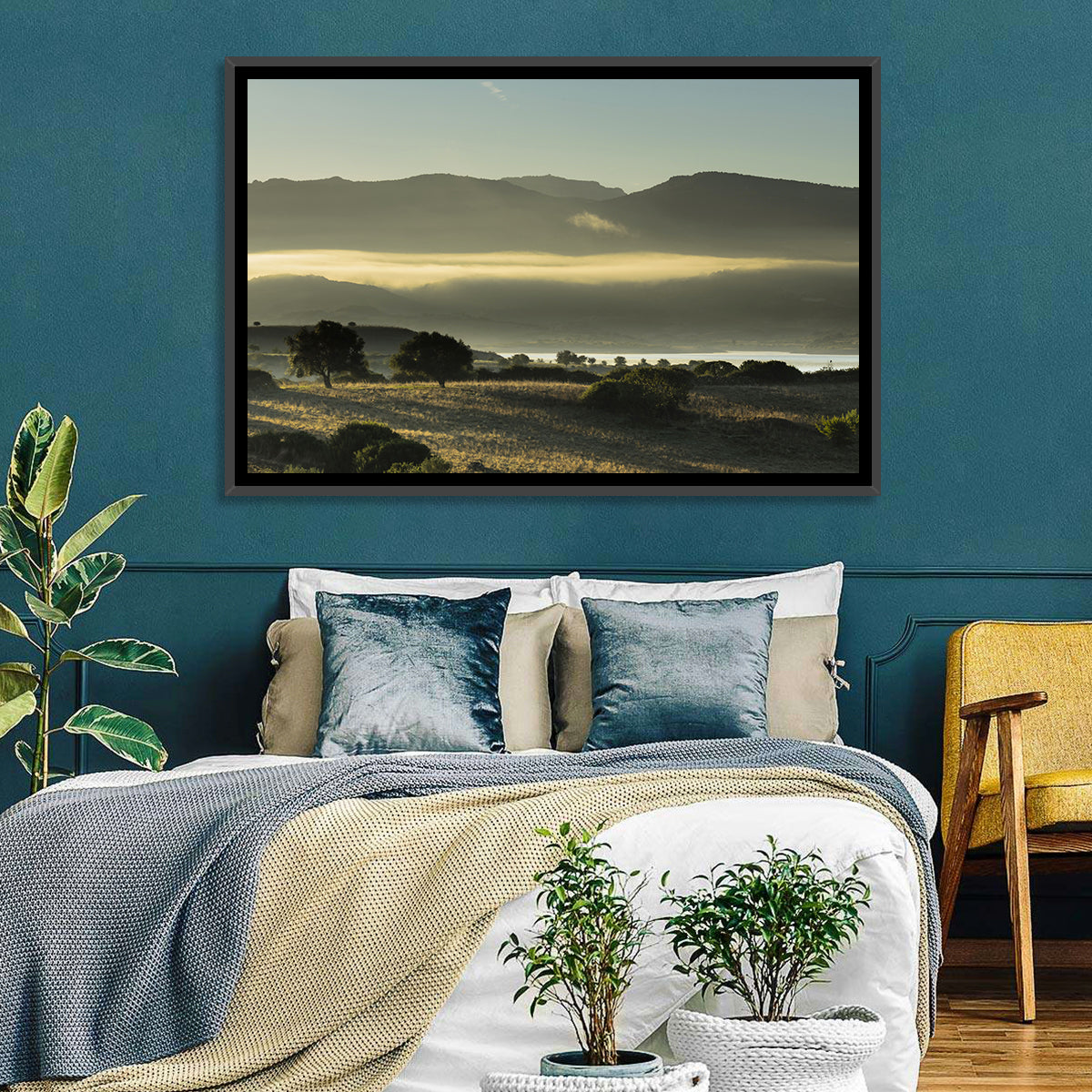 Lake Omodeo Morning Mist Wall Art in a room, landscape