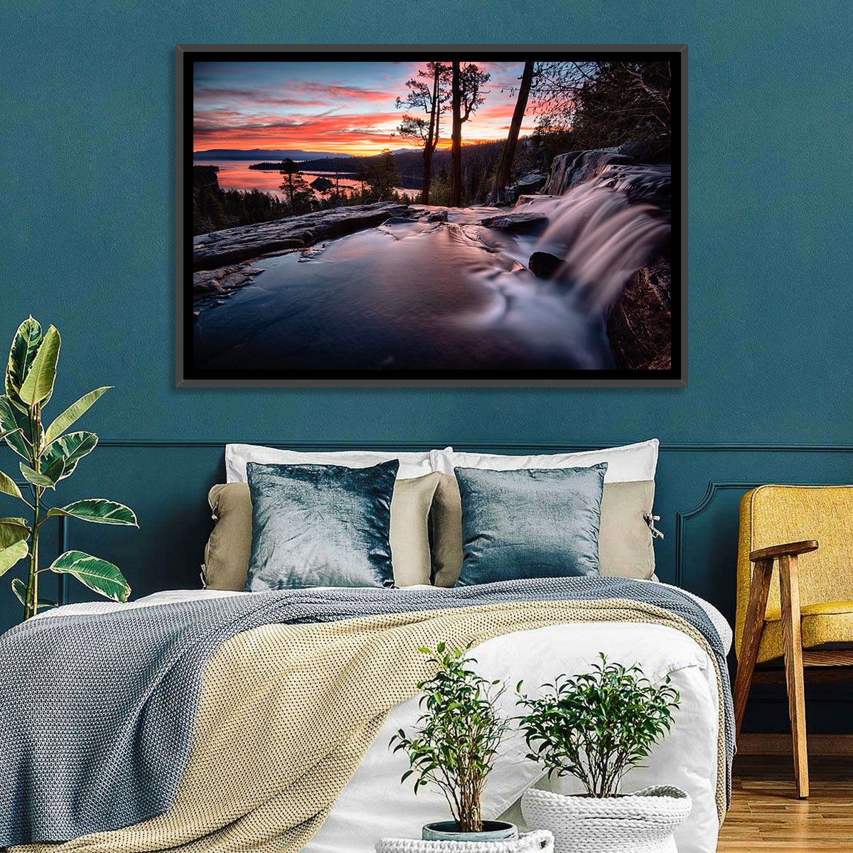 Waterfall Near Lake Tahoe Wall Art in a room, landscape
