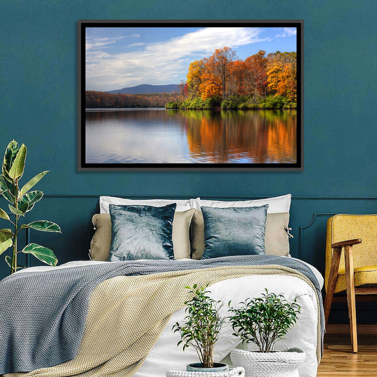 Autumn Lake with Mountain Reflection Wall Art in a room, landscape