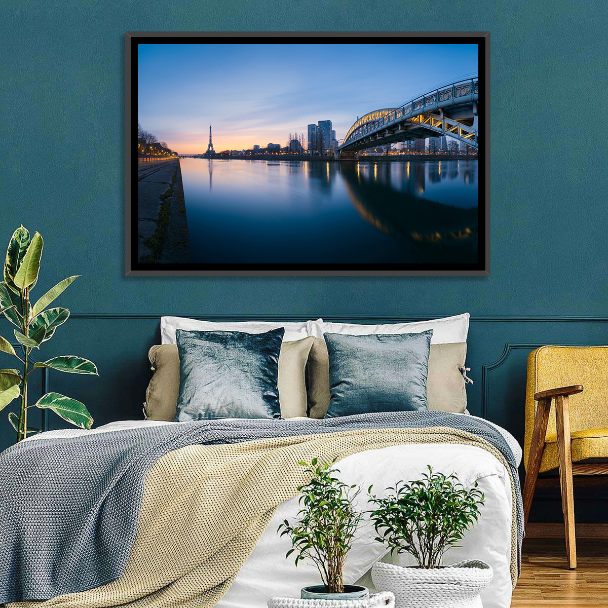 Eiffel Tower Golden Hour Reflection Wall Art in a room, landscape