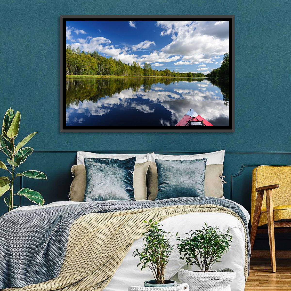 Karelia Kayak Reflection Wall Art in a room, landscape