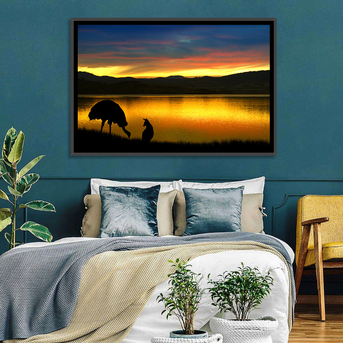 Kangaroo and Emu at Lake Sunset Wall Art in a room, landscape