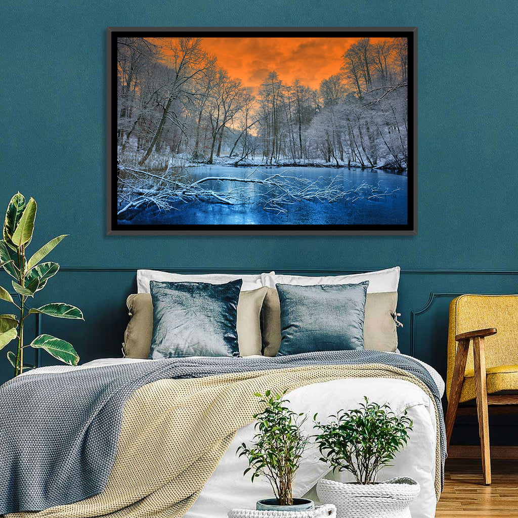 Sunset Over Winter Forest Lake Wall Art