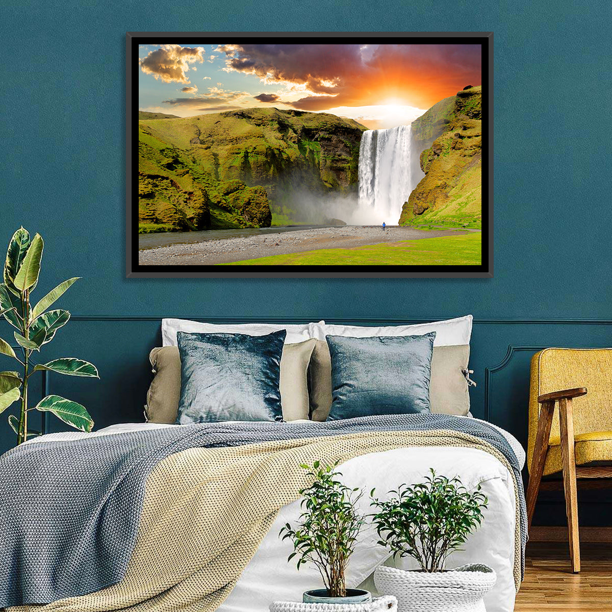 Skógafoss at Sunset Wall Art in a room, landscape