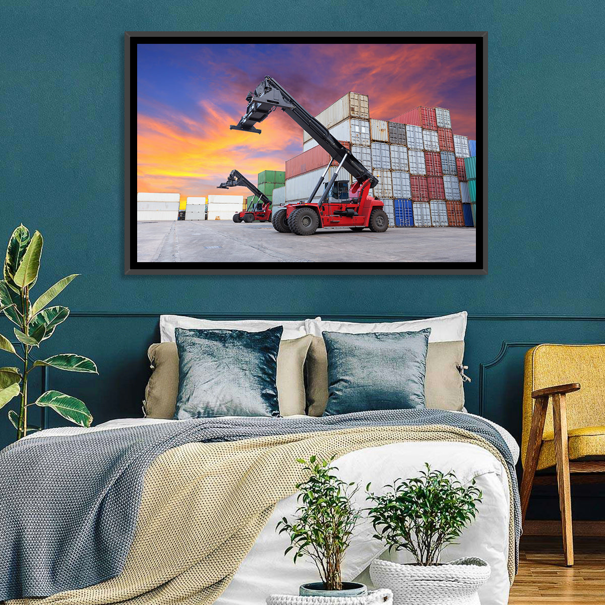 Red Reach Stackers at Sunset Wall Art