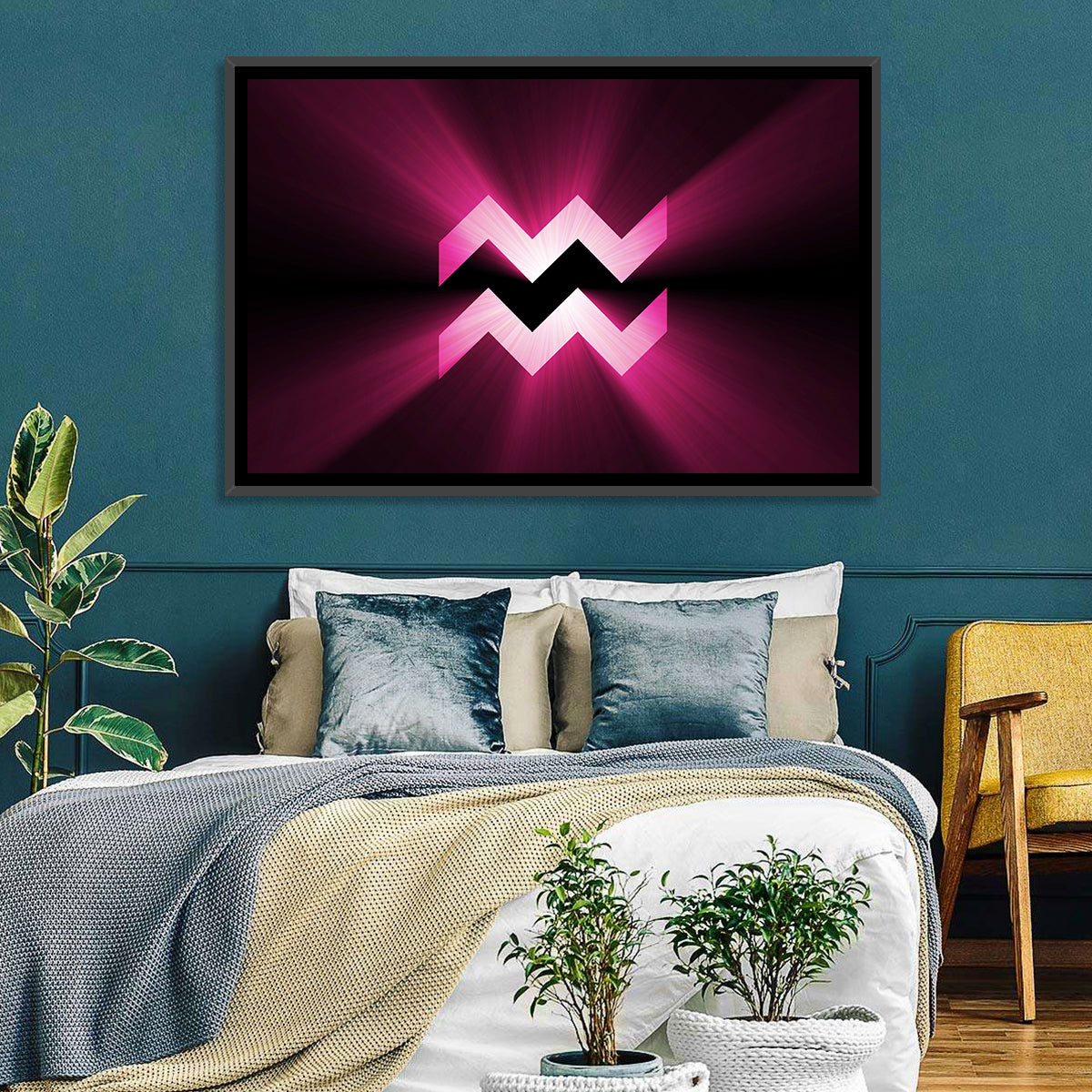 Magenta Aquarius Symbol Wall Art in a room, landscape