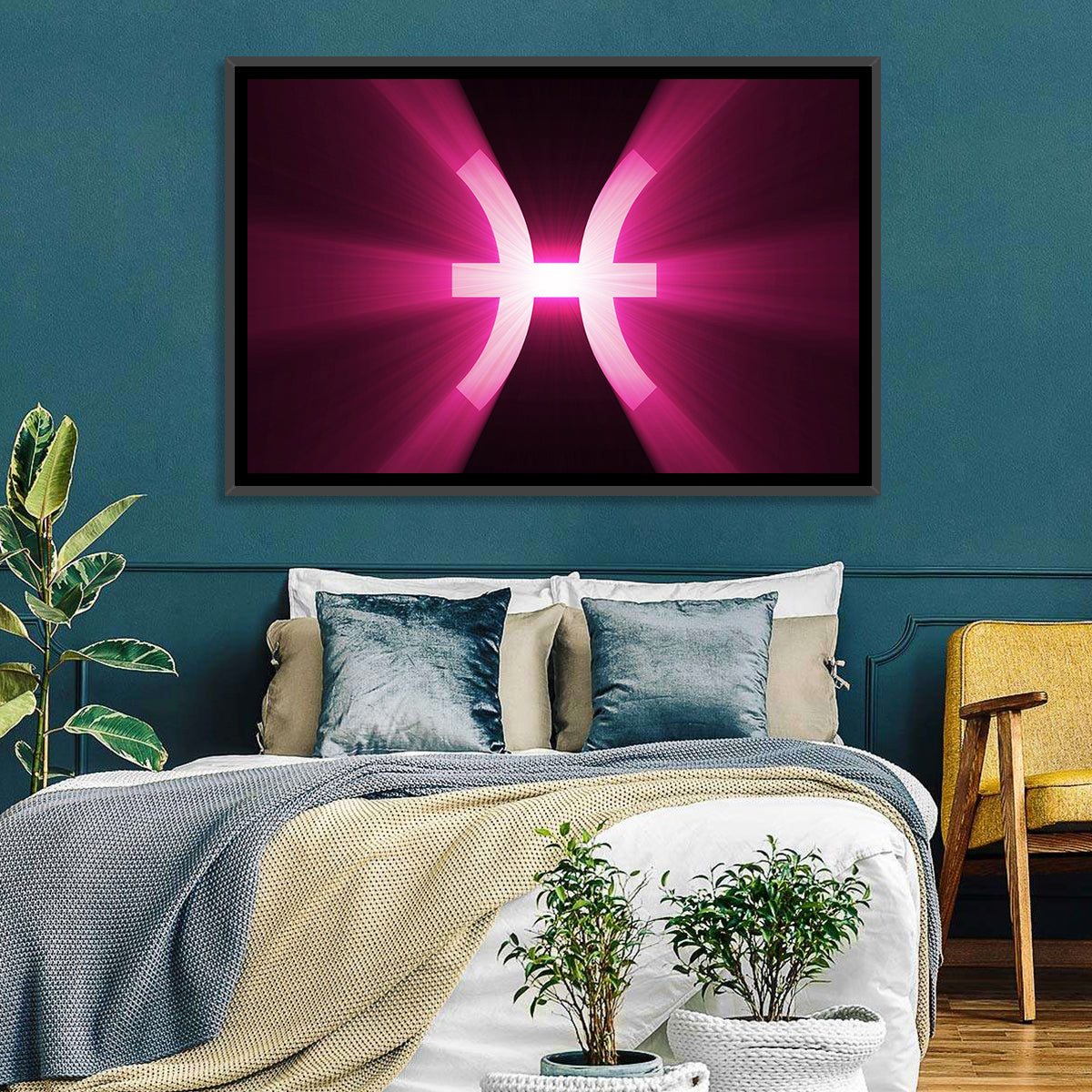 Magenta Pisces Symbol Wall Art in a room, landscape