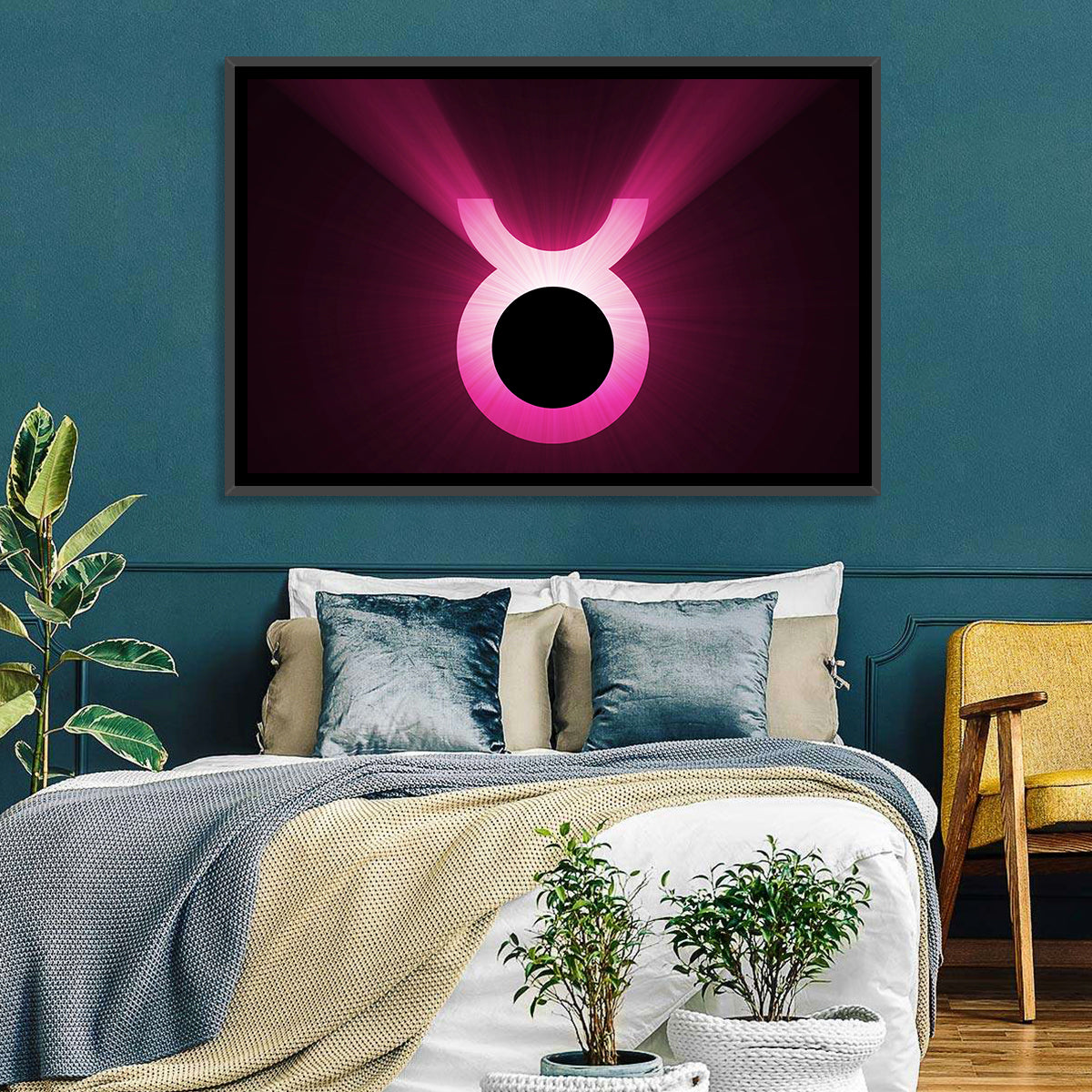 Glowing Pink Taurus Symbol Wall Art in a room, landscape
