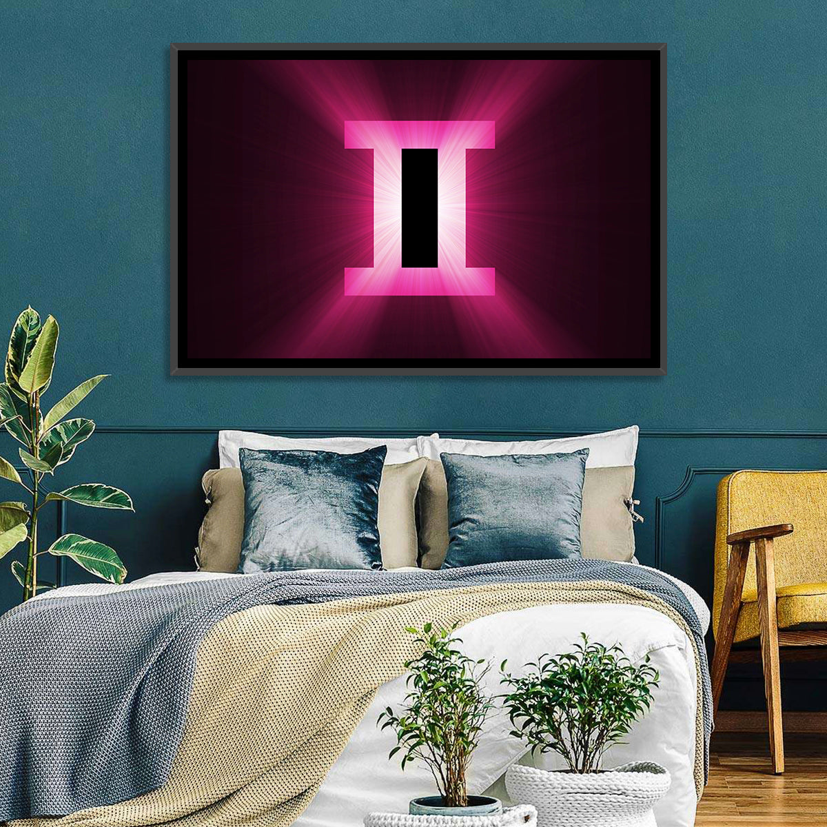 Radiant Gemini Symbol Wall Art in a room, landscape