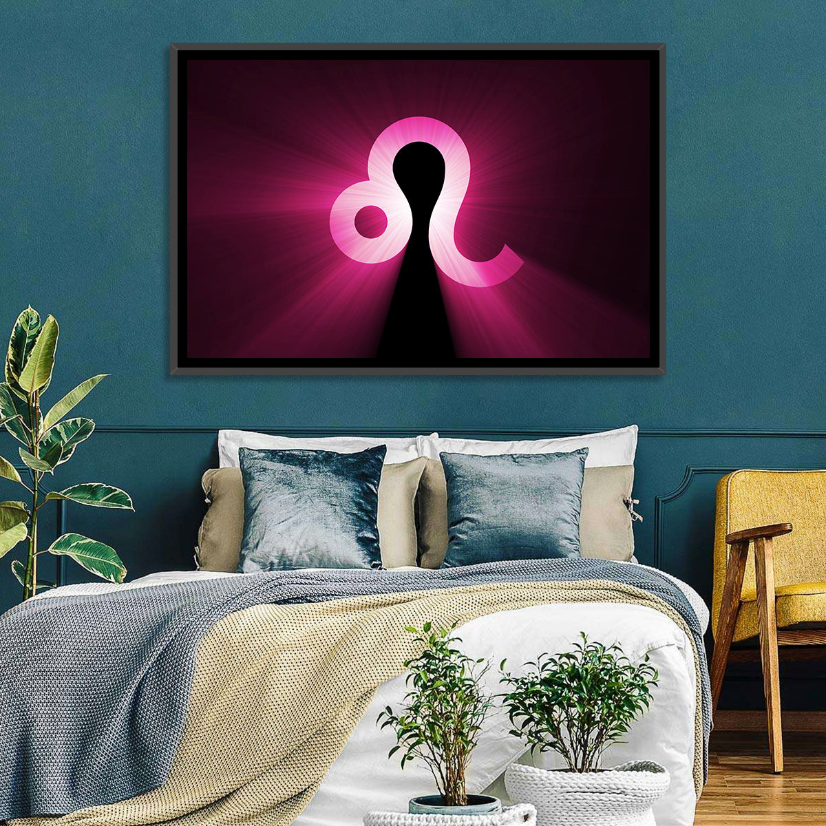 Glowing Magenta Leo Symbol Wall Art in a room, landscape