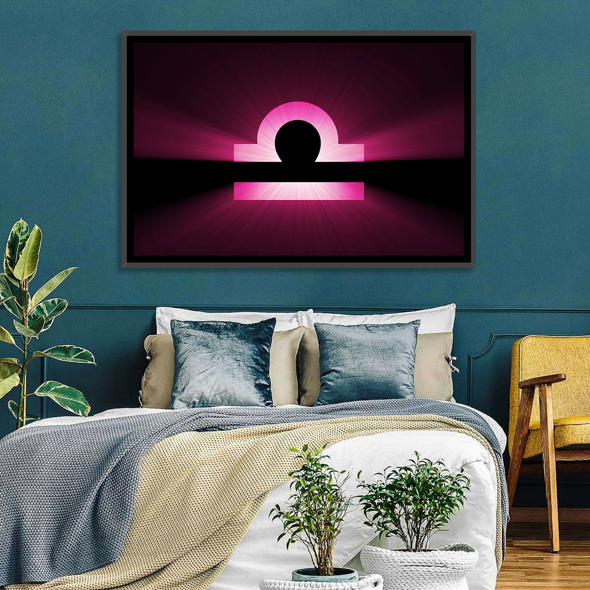 Libra Symbol Neon Glow Wall Art in a room, landscape