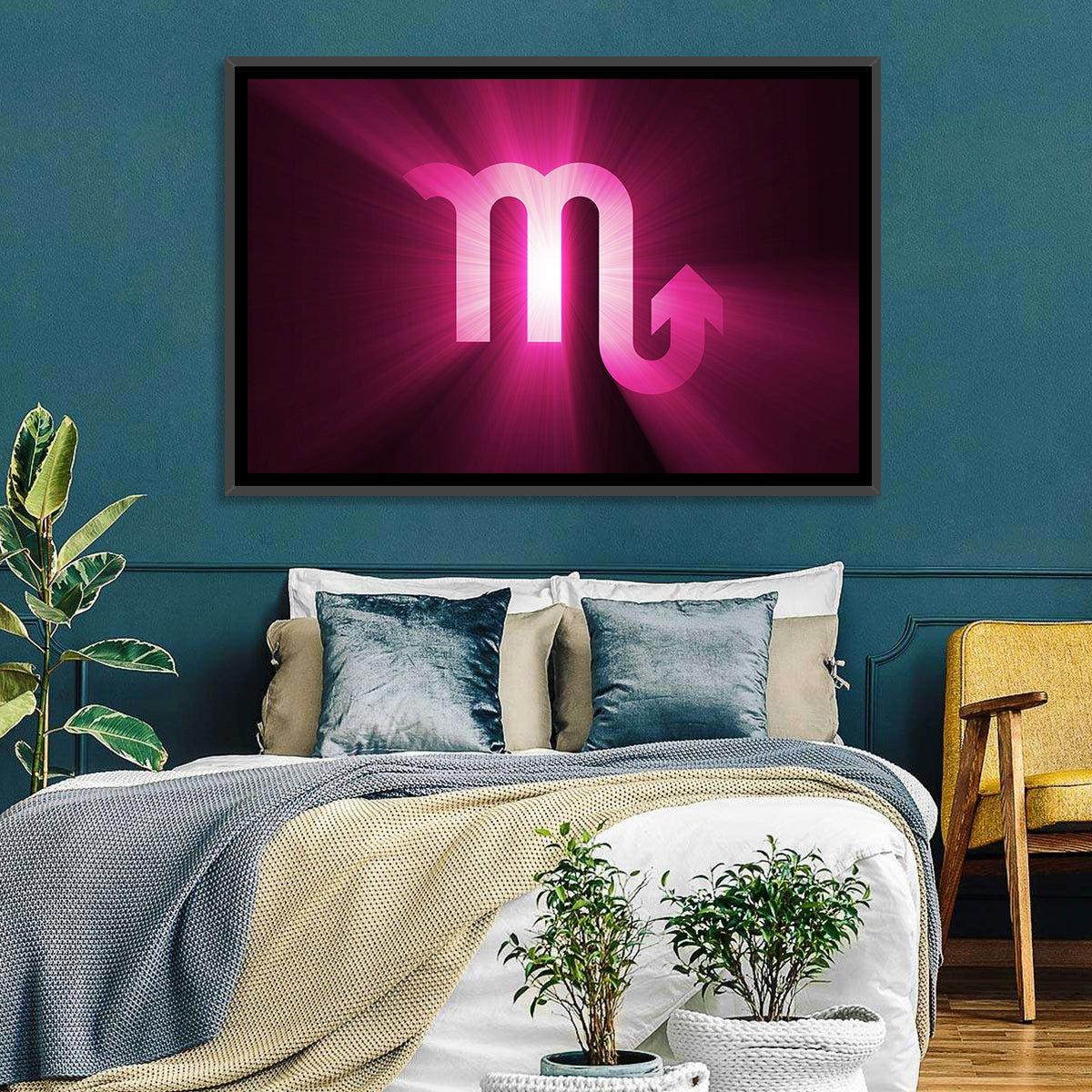 Scorpio Glyph with Magenta Burst Wall Art in a room, landscape