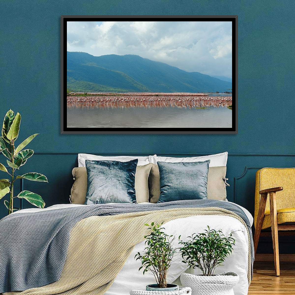 Flock of Flamingos at Lake Bogoria Wall Art in a room, landscape