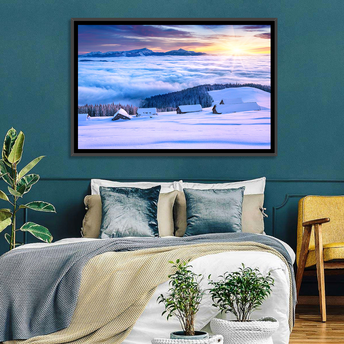 Snowy Cabins Above Clouds Wall Art