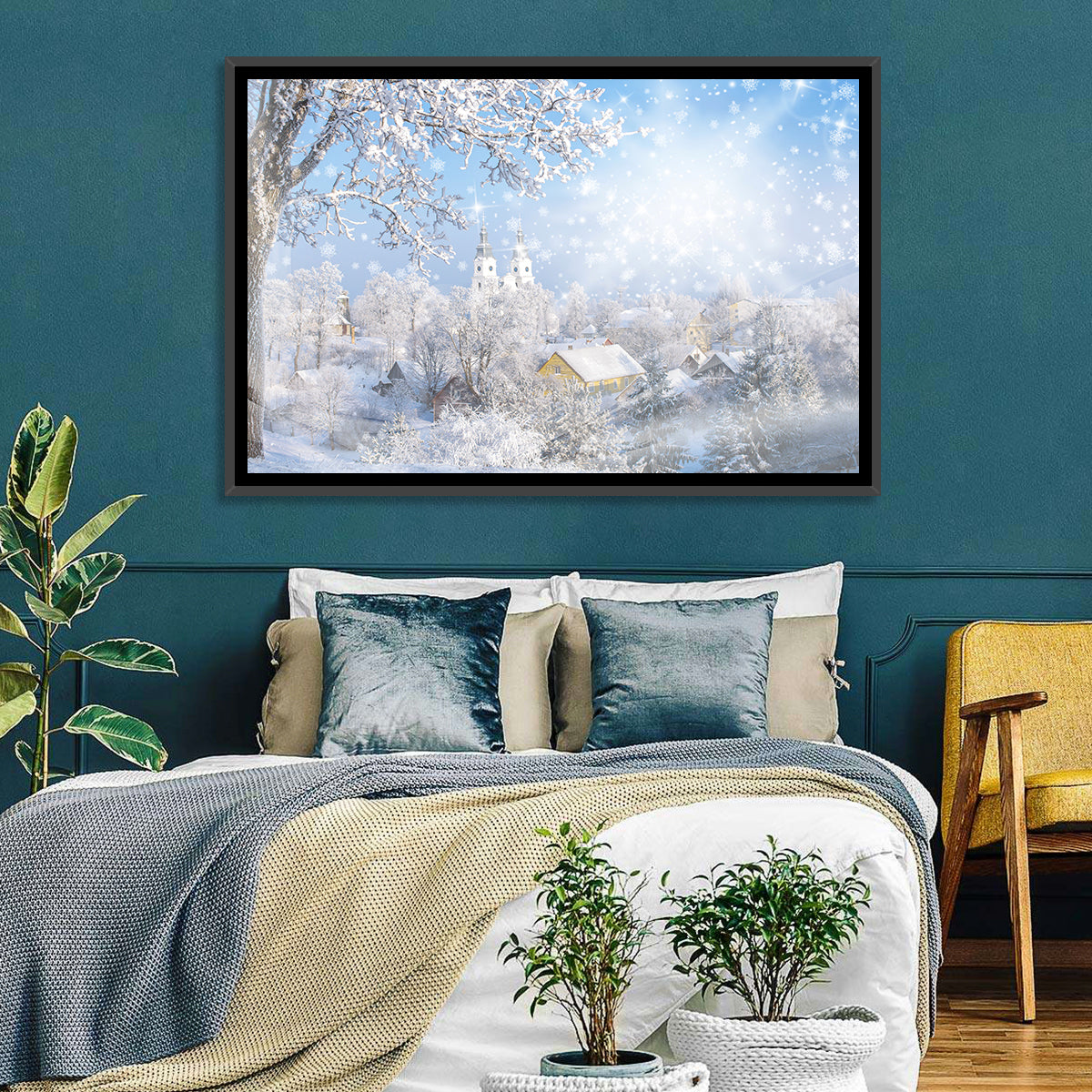 Frosted Village Wall Art in a room, landscape
