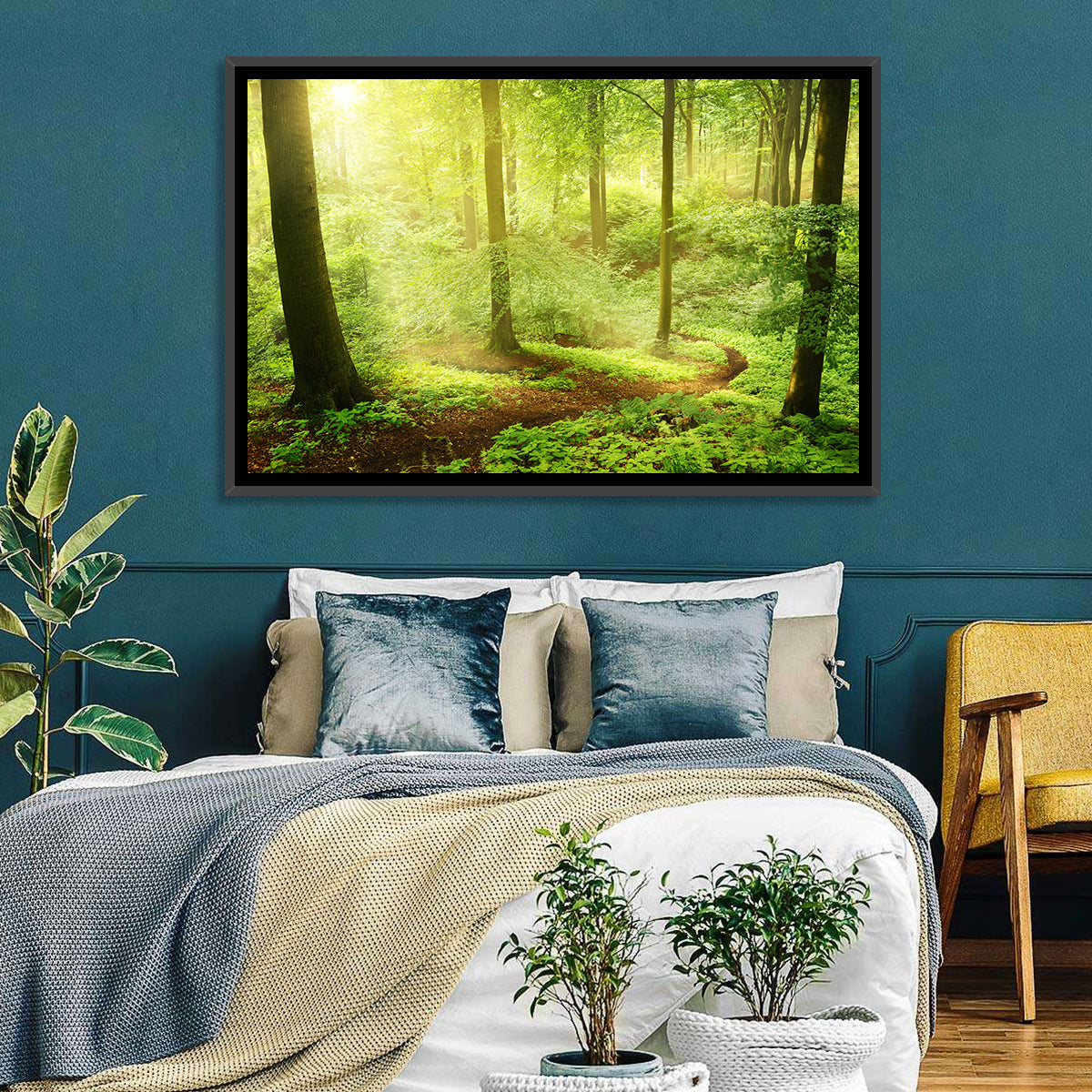 Sunlit Forest Path Wall Art in a room, landscape