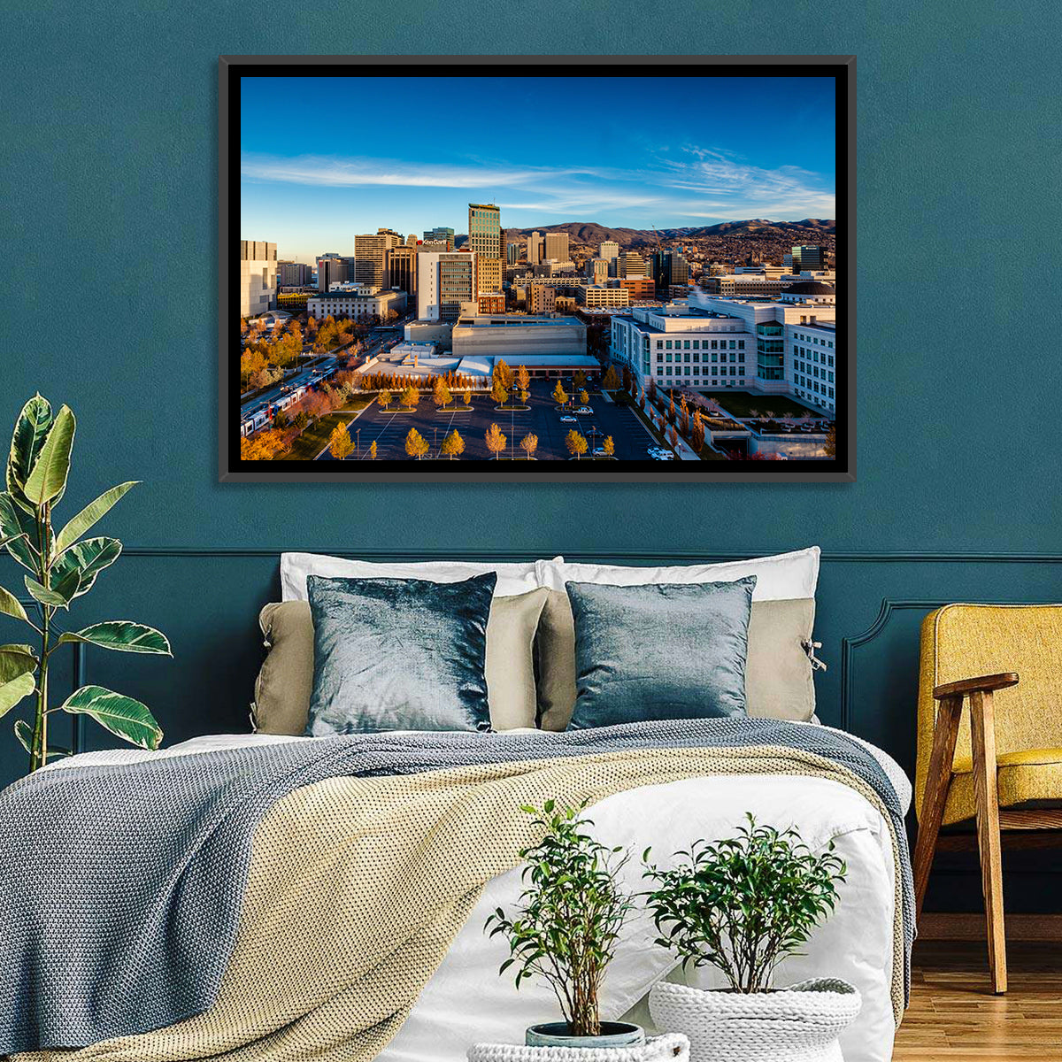 Salt Lake City Skyline at Golden Hour Wall Art in a room, landscape