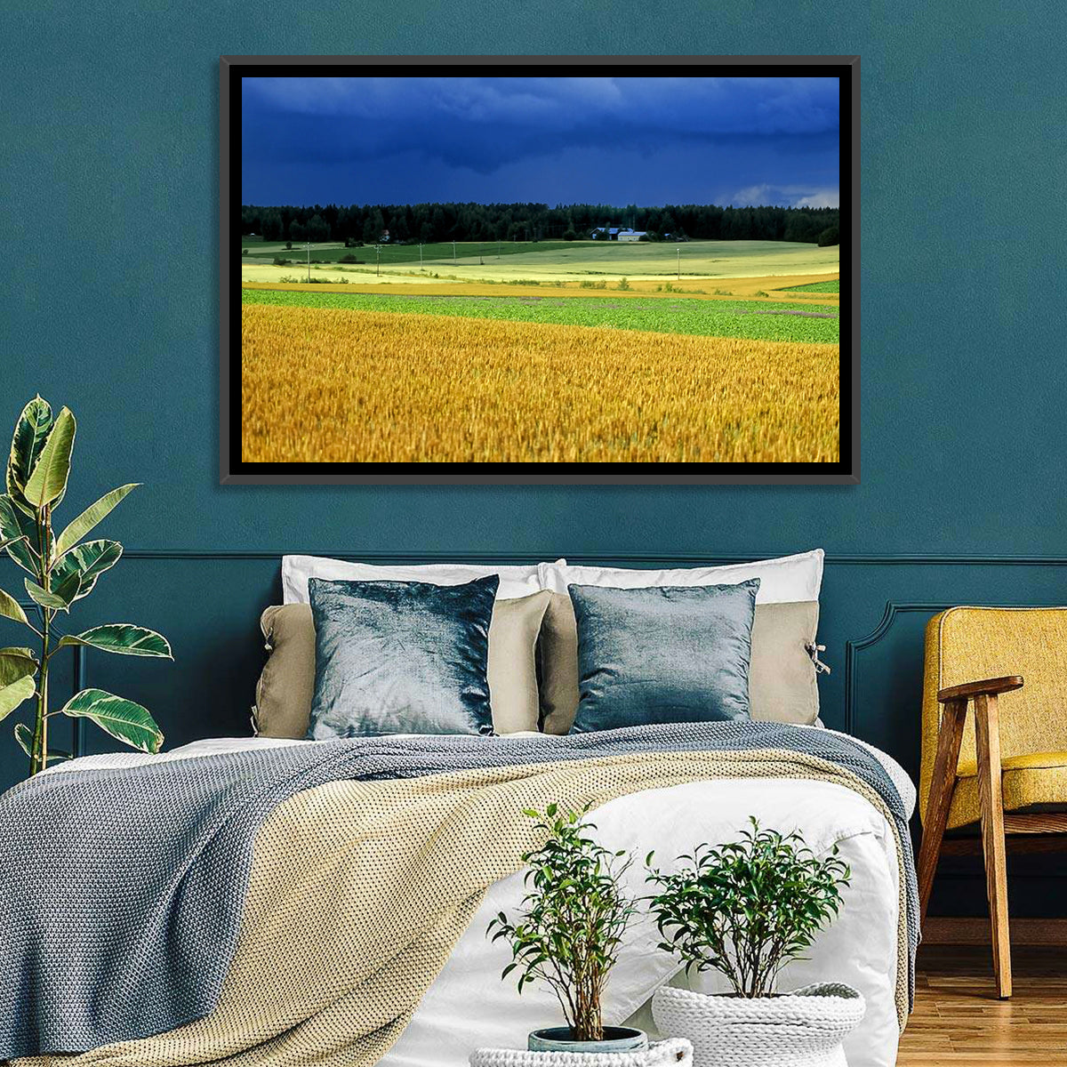 Cornfields Under Stormy Sky Wall Art in a room, landscape