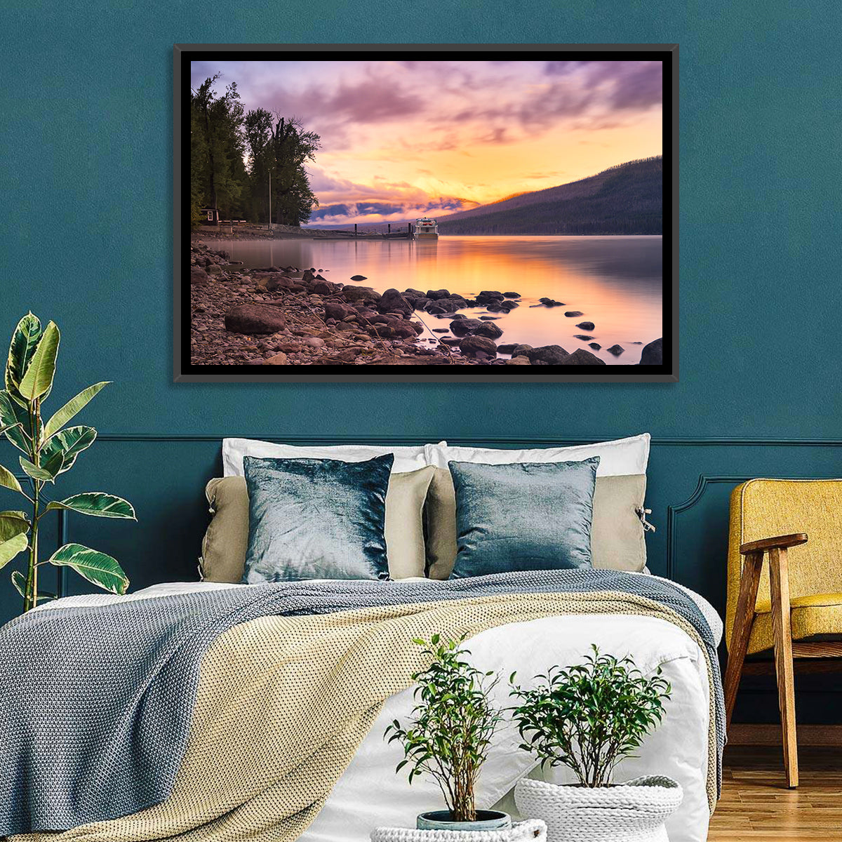 Lake Mcdonald Sunset Reflection Wall Art in a room, landscape