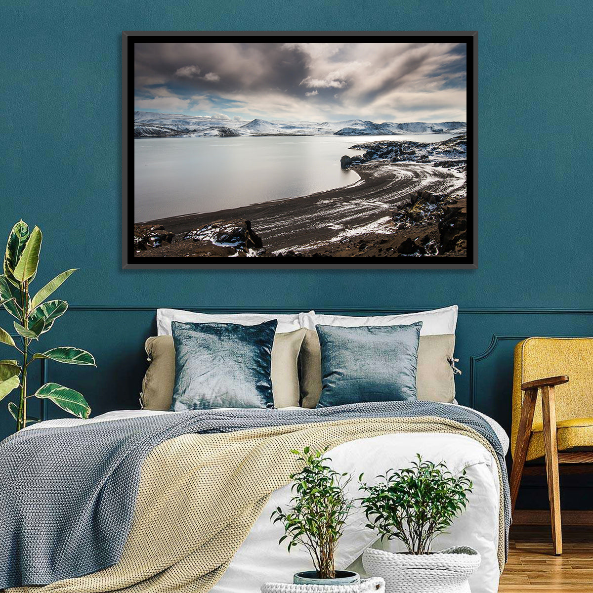 Kleifarvatn Black Sand Shore Wall Art in a room, landscape