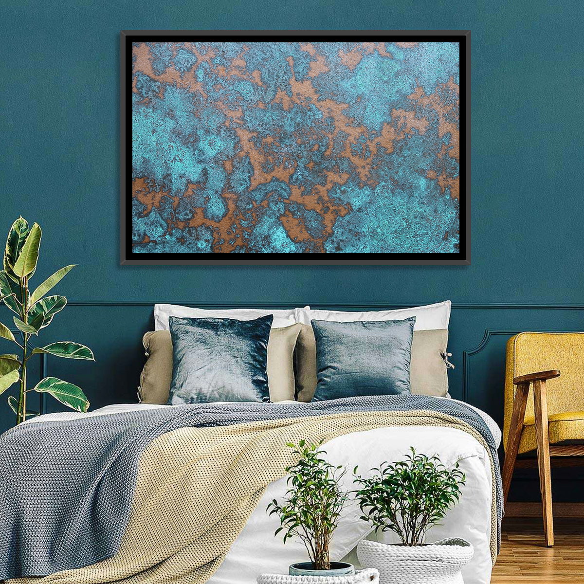 Oxidized Copper Patina Abstract Wall Art in a room, landscape