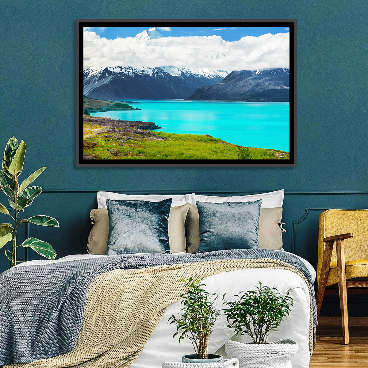 Turquoise Lake Pukaki with Mount Cook Wall Art in a room, landscape