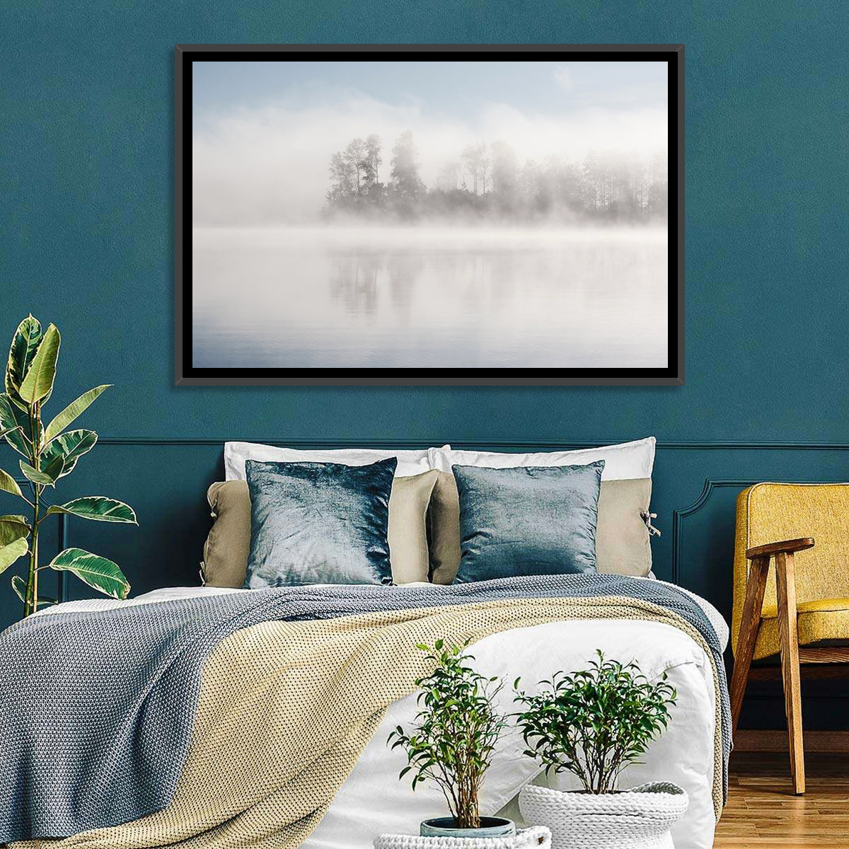 Misty Forest Lake Wall Art in a room, landscape