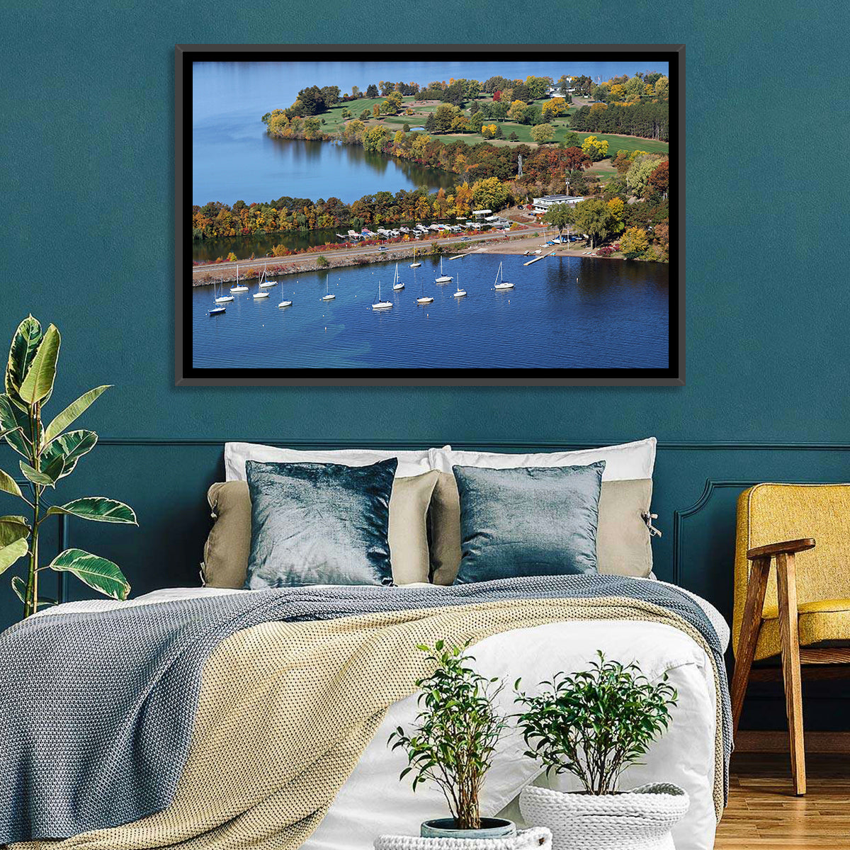 Lake Wissota Aerial Wall Art in a room, landscape