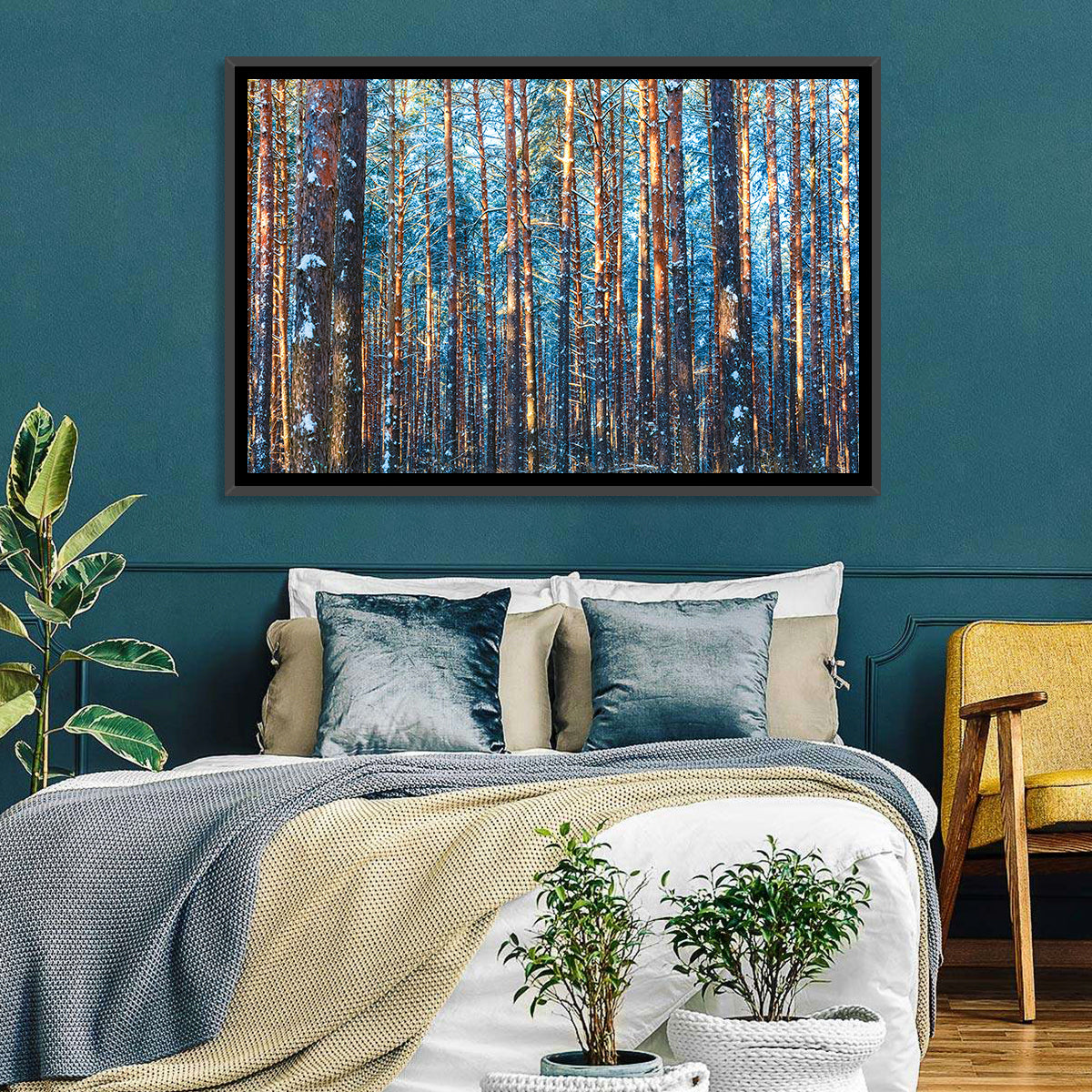 Golden Hour Winter Pine Forest Wall Art in a room, landscape