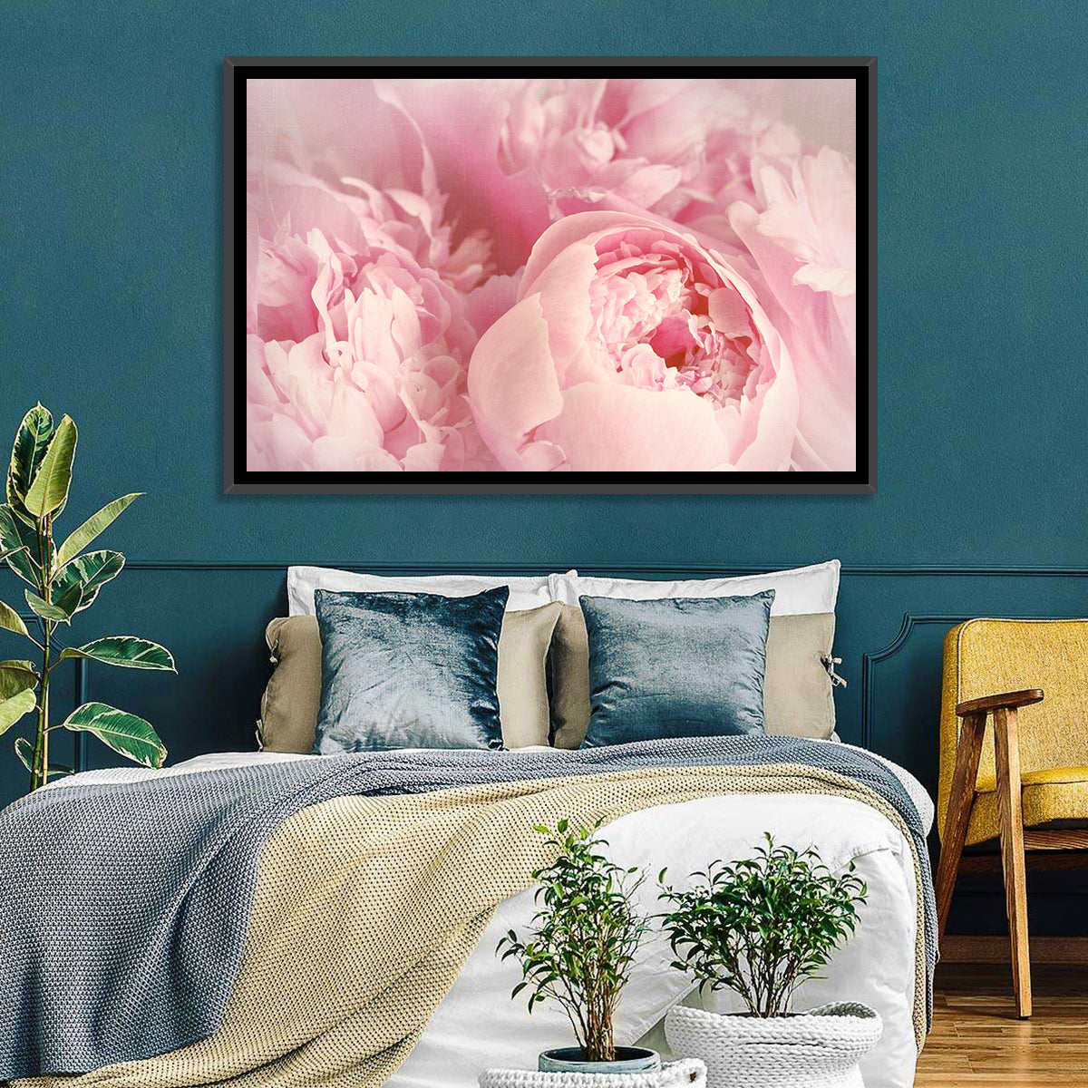Soft Pink Peony Close Up Wall Art in a room, landscape