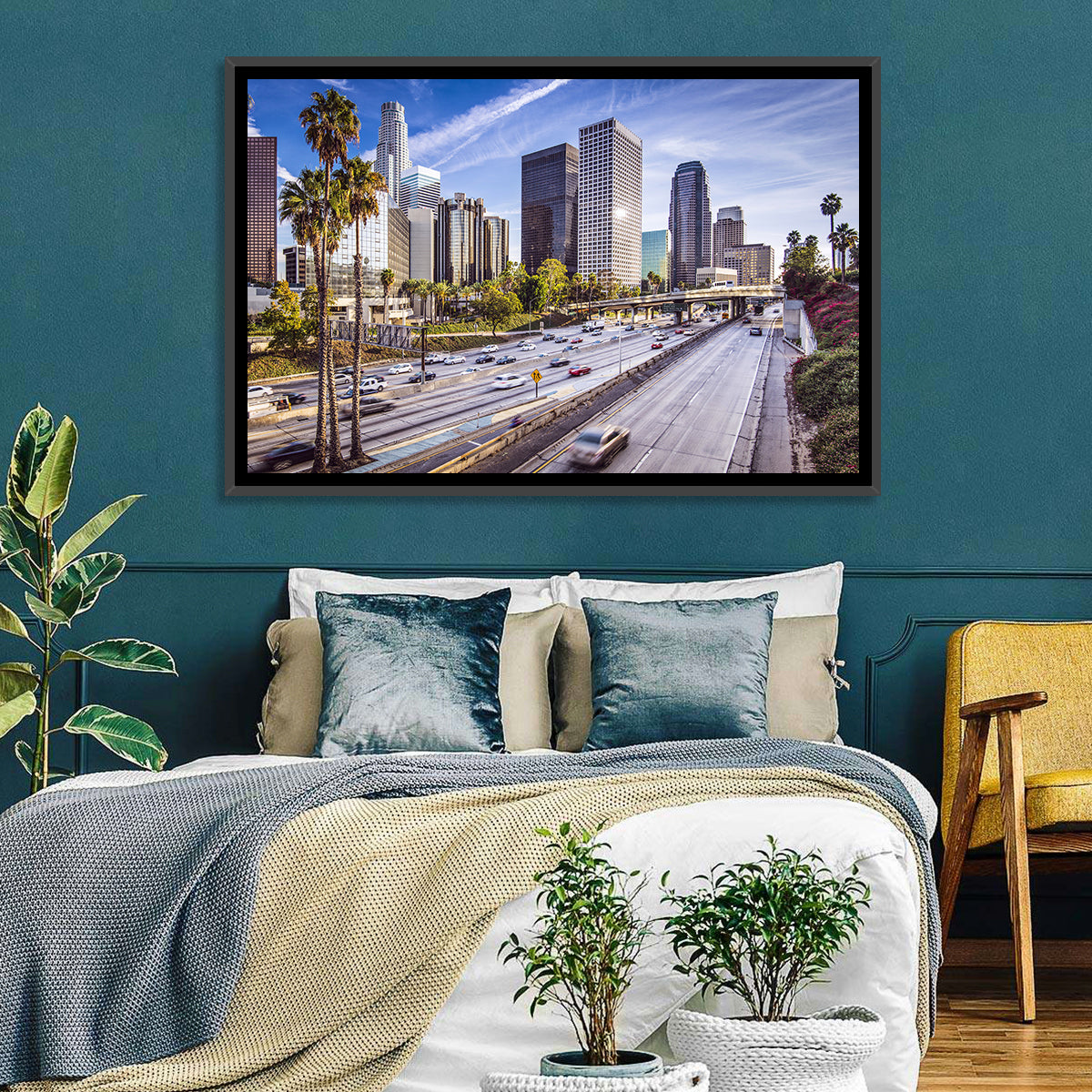 Los Angeles Freeway to Downtown Skyline Wall Art in a room, landscape