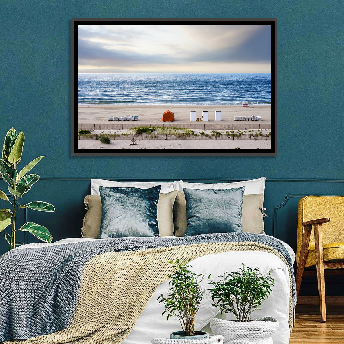 Cape May Beach Huts Wall Art in a room, landscape