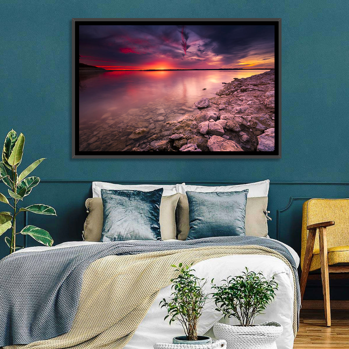 Benbrook Lake Sunset Reflection Wall Art in a room, landscape