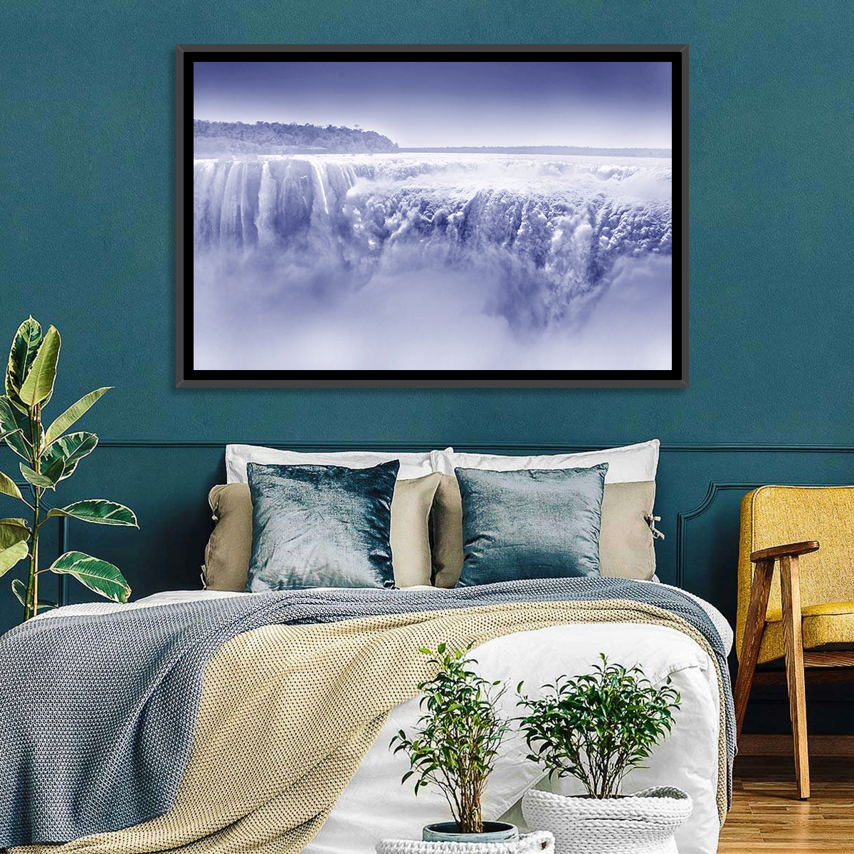 Iguazu Falls Blue Monochrome Wall Art in a room, landscape