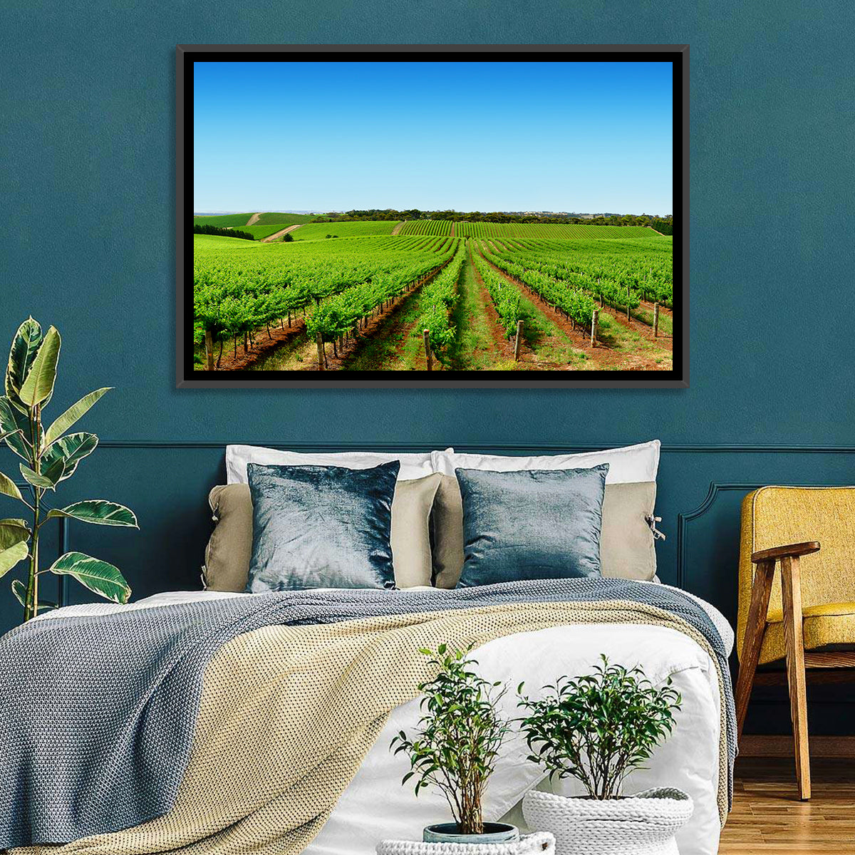 Sunlit Vineyard Rows Wall Art in a room, landscape