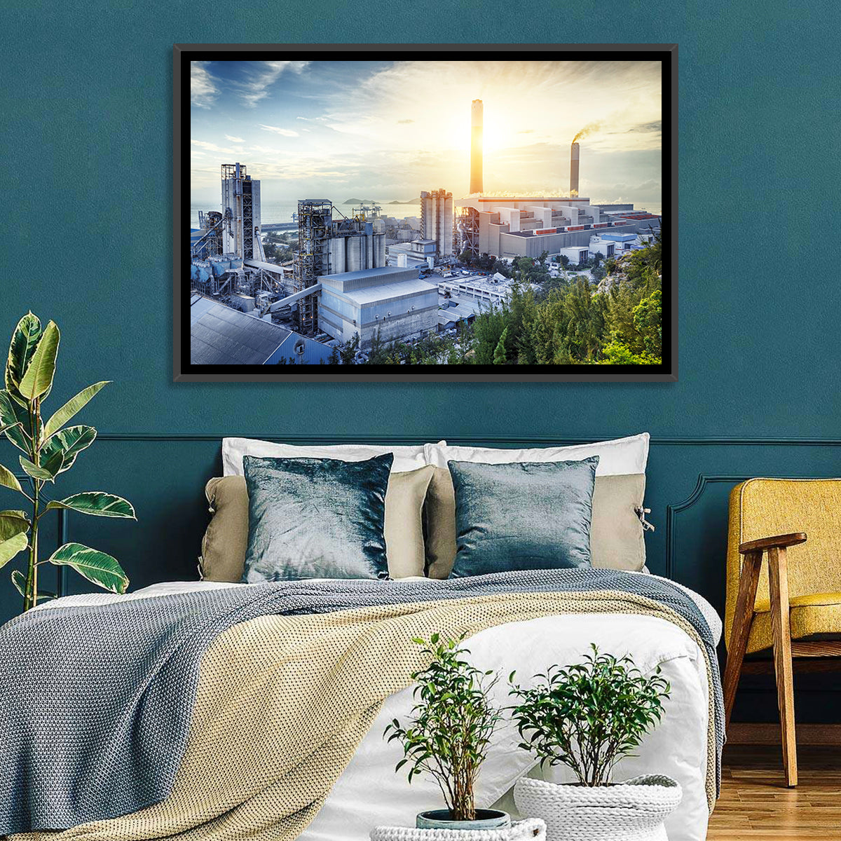 Coastal Power Plant at Sunrise Wall Art in a room, landscape