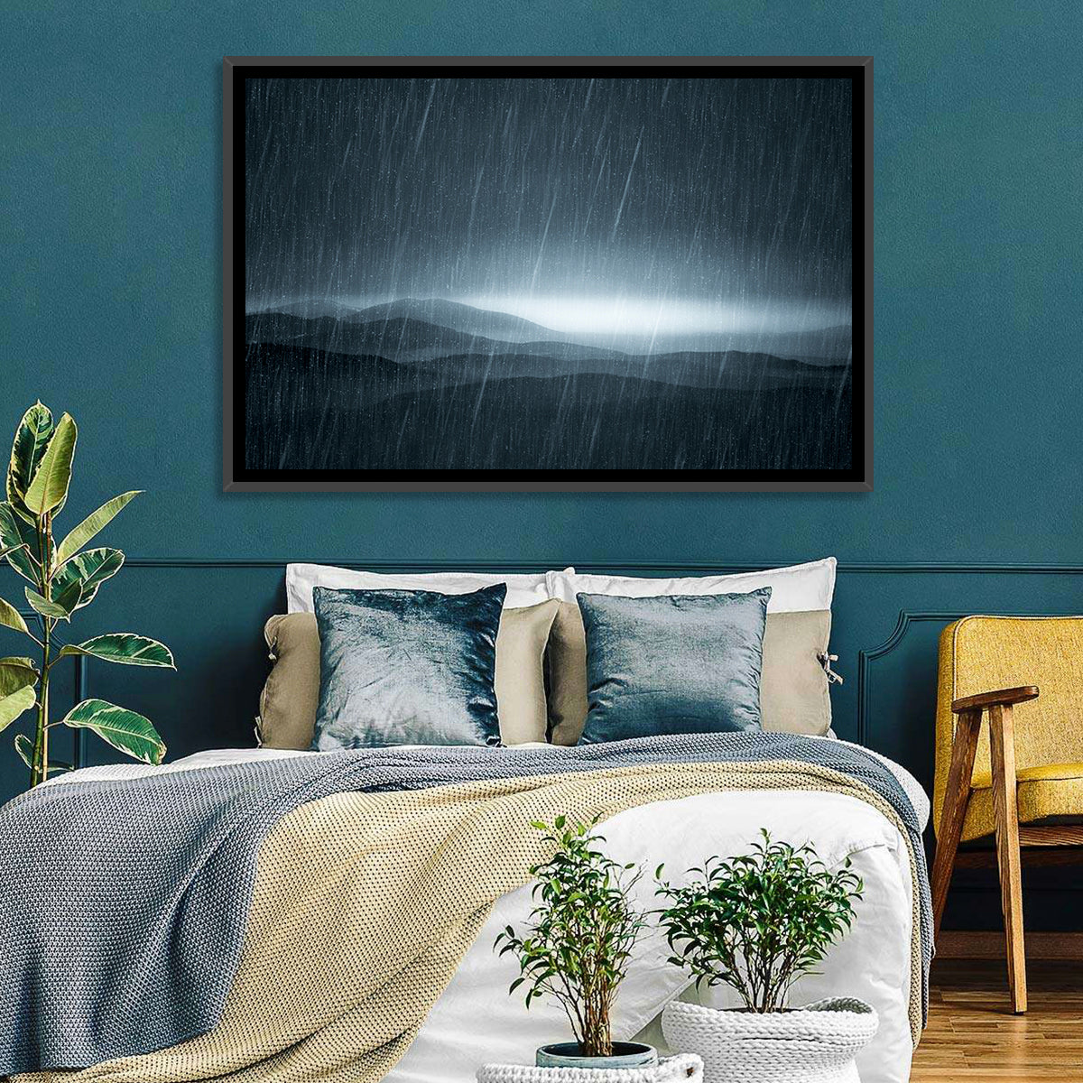 Rain Storm Over Mountains Wall Art in a room, landscape