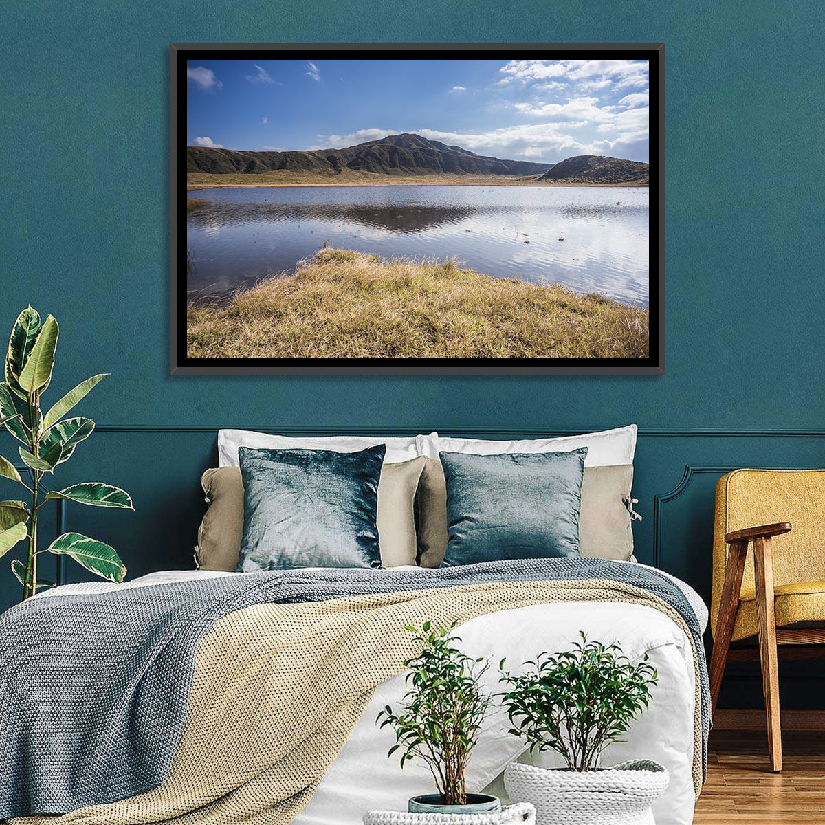 Mount Aso Lake Reflection Wall Art in a room, landscape