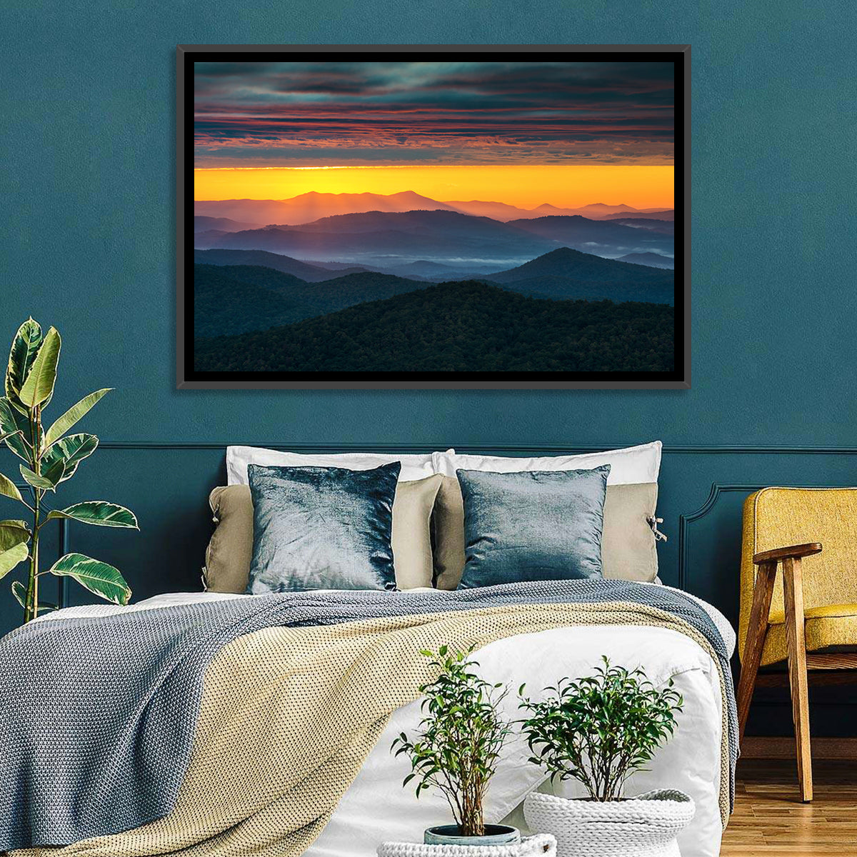 Misty Blue Ridge Sunrise North Carolina Wall Art in a room, landscape