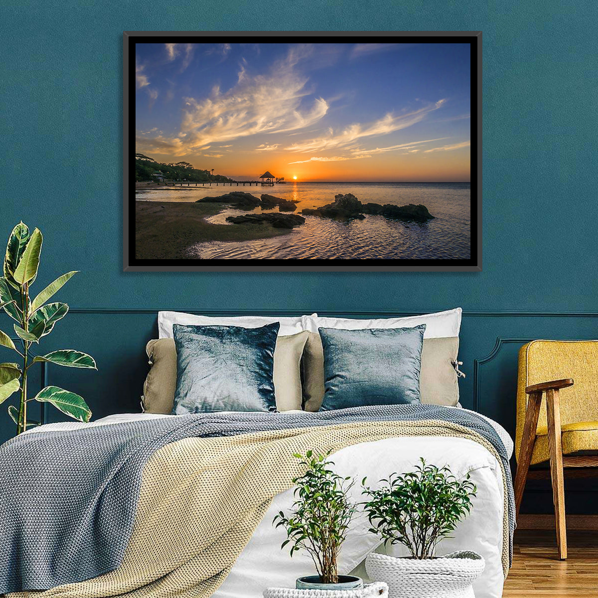 Roatan Pier Sunset Wall Art in a room, landscape