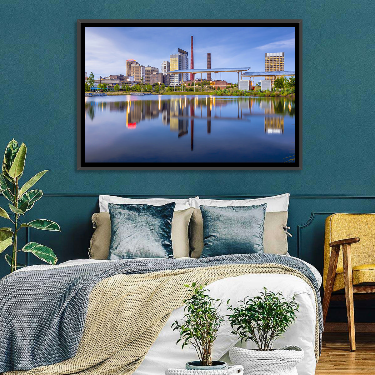 Birmingham Skyline Reflection at Twilight Wall Art in a room, landscape