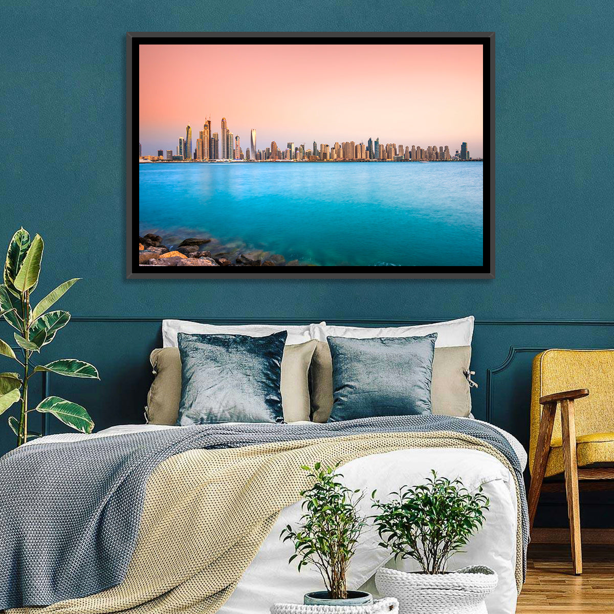 Dubai Marina Skyline Wall Art in a room, landscape